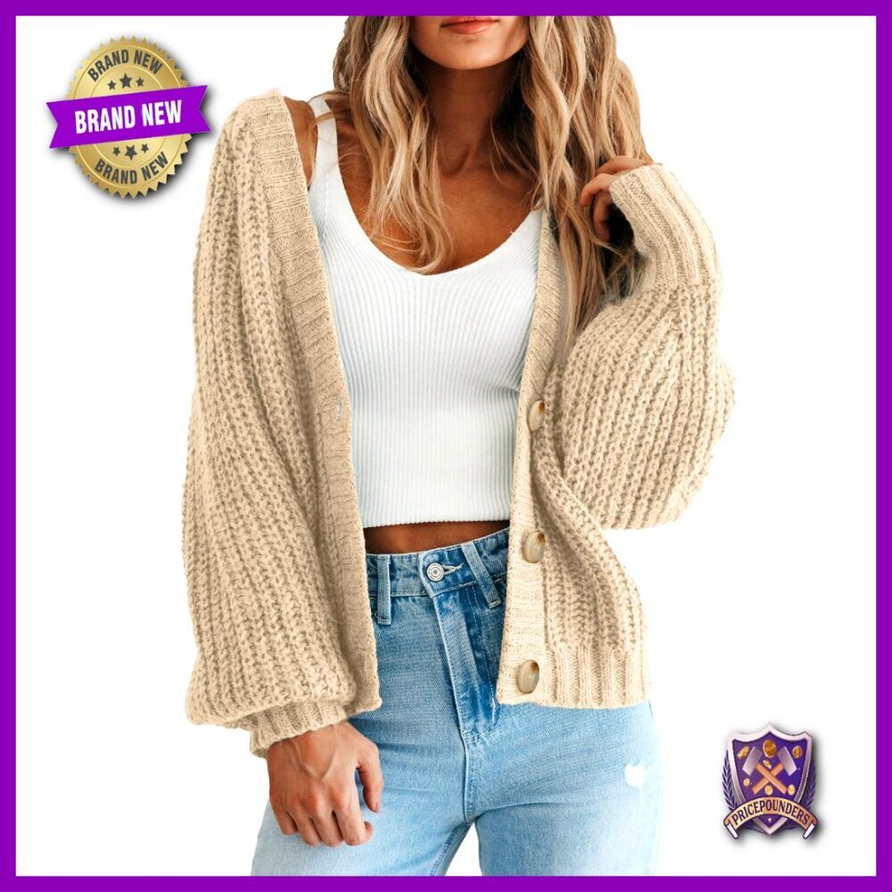 Chunky Knit Open Front Cardigan, Oversized Fit, Button Detail, Long Sleeve - Picture 1 of 7